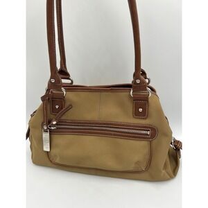 Chaps Womens Tan Nylon Brown Trim Shoulder Bag Satchel Purse Silver Hardware